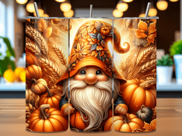 3D Autumn Gnome Pumpkin Tumbler Wrap PNG