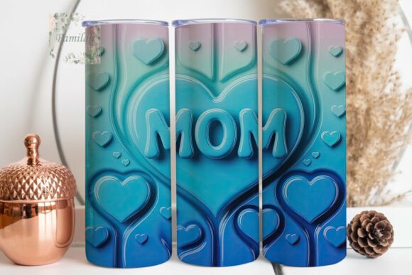 Blue 3D Hearts MOM 20oz Tumbler Wrap: A Stylish Digital Design for Custom Drinkware