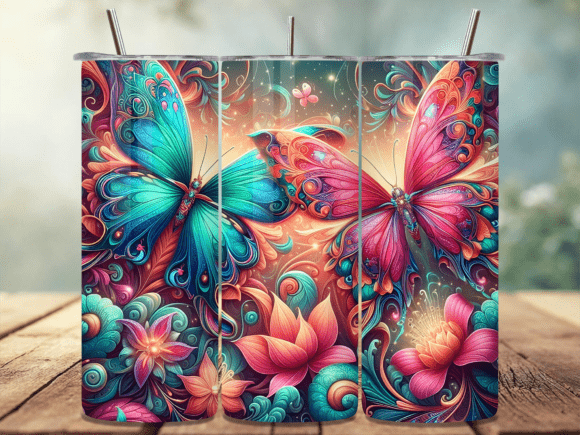 Colorful 3D Butterfly Floral Tumbler PNG