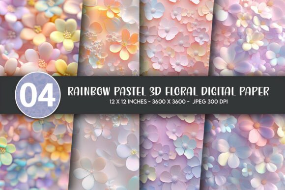 Rainbow Pastel 3D Floral Digital Paper for Creative Projects